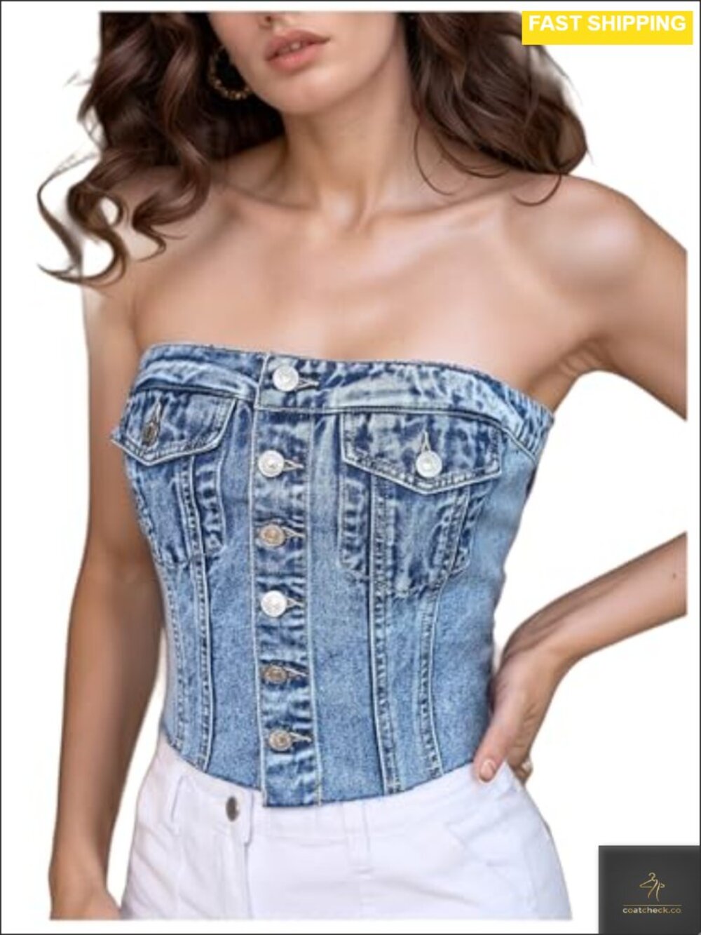 Women's Button Front Strapless Denim Crop Tube Top Y2K Sleeveless